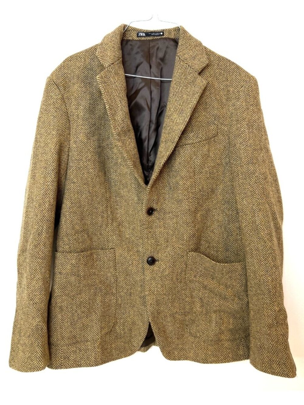 Zara Brown Herringbone Tweed Blazer 2 Button Closure Patch Pockets Large Wool